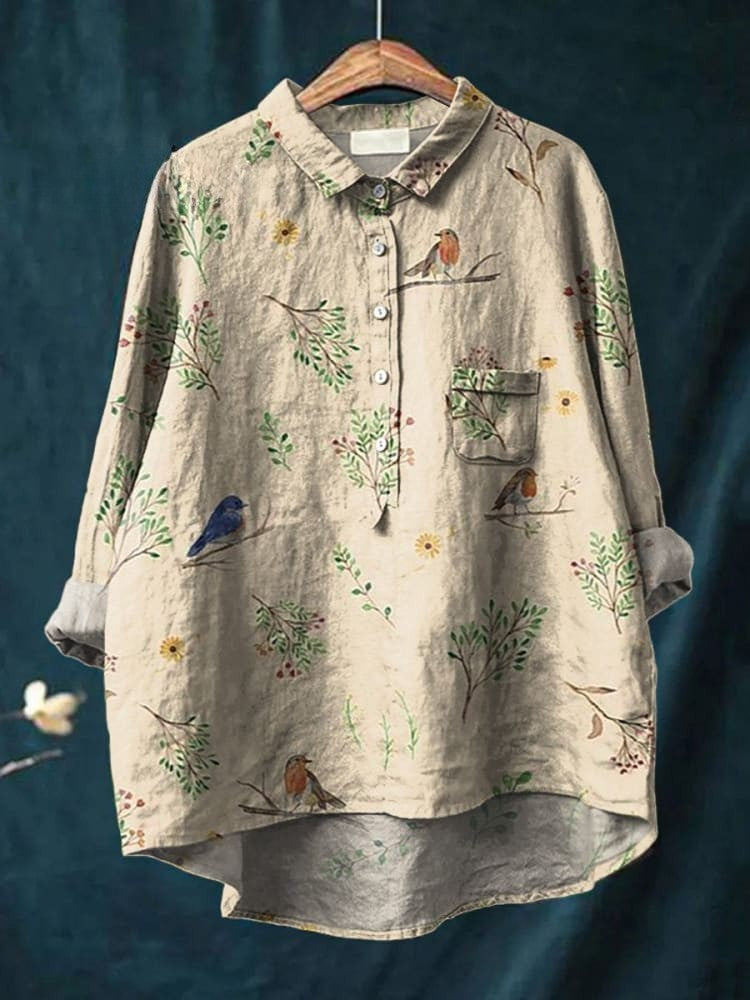 Camille - Chemise à motif branches et oiseaux rouges