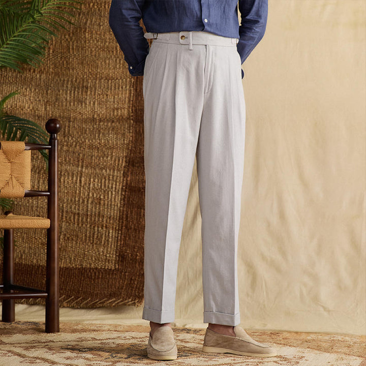 Monaco Linen Double Pleated Straight Fit Trousers